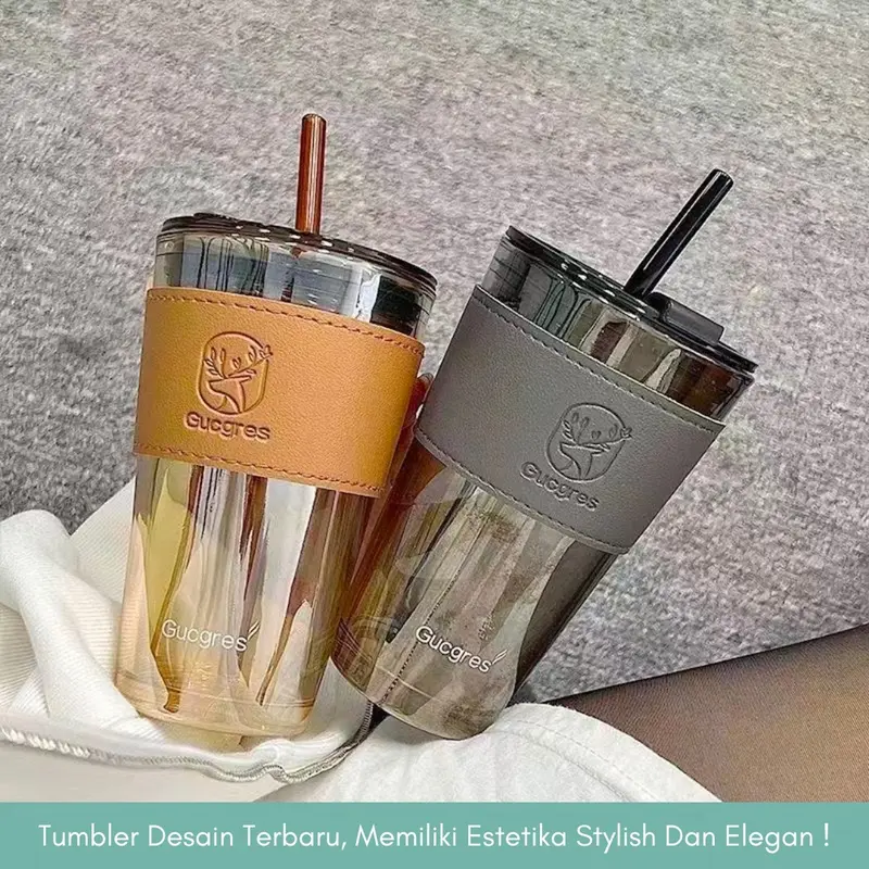 Tumbler Gelas Kaca Botol Minum Aesthetic Mug Kopi Cup Glass Dengan Case dan Sedotan 1