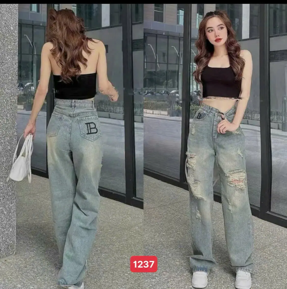 Quần jeans nữ lưng cao loa suông, túi thêu cá tinh chất jeans ko giãn TC1237 sz: S M L XL