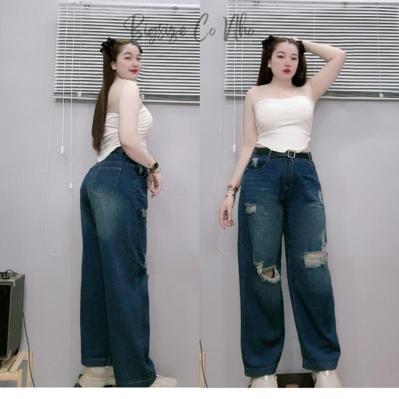Quần Jean Rách Gối Ống Suông Bigsize Nữ,Quần Dài Lưng Cao Ống Rộng Không Cõ Giãn Q503 Women Pants Ong Denim