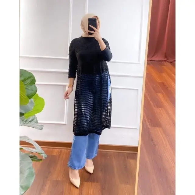 Ruby Tunik jaring Belah Samping atasan Rajut wanita tanpa lengan Muslim Panjang