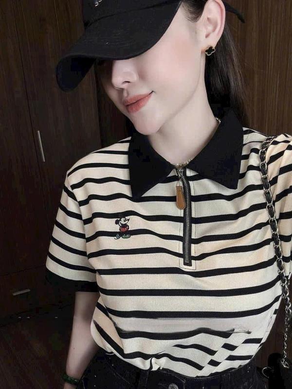 Áo Len Nữ Tay Ngắn Cổ Trụ Có Khoá Kéo Da