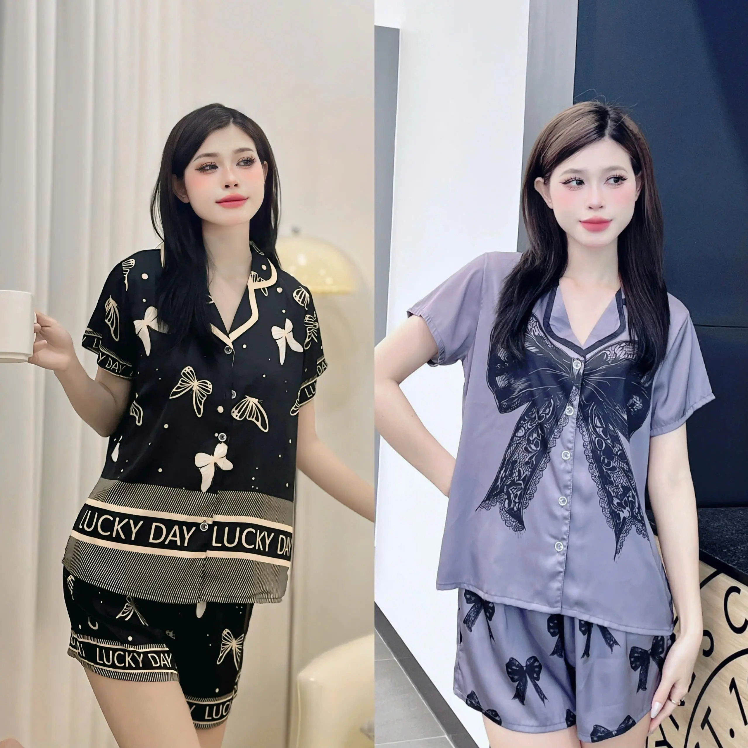 LATIN ĐB ĐEN ( 40- 62Kg) - Pijama latin lụa mịn thiết kế họa tiết DỄ THƯƠNG VÀ SANG TRỌNG, BỘ ĐÙI
