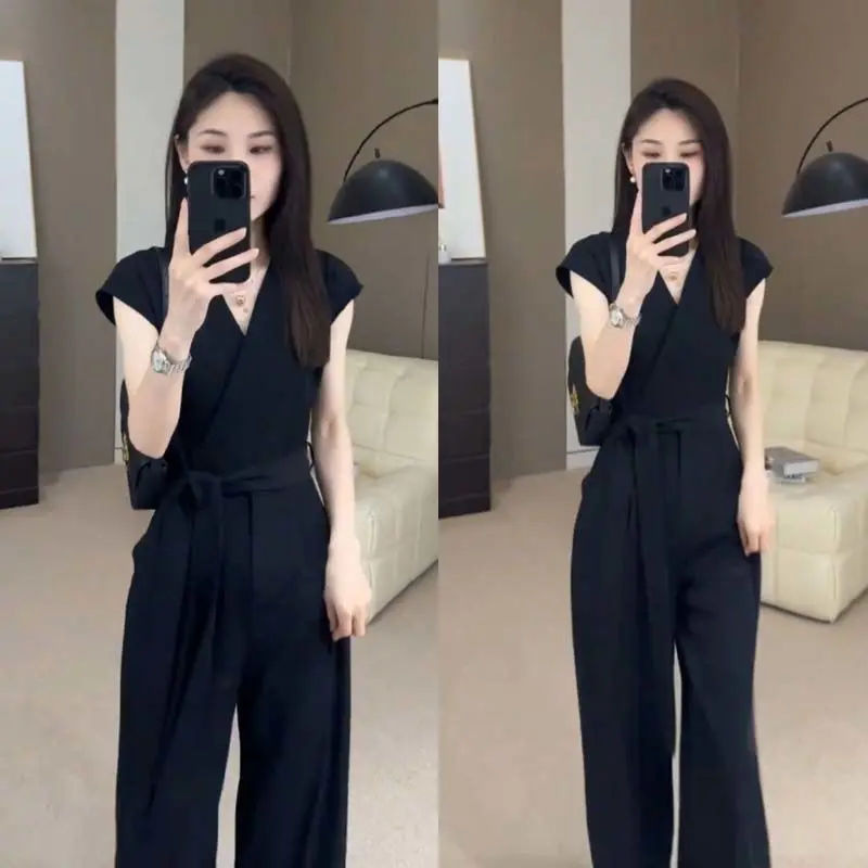 Áo Jumpsuit Quần Phong Cách Nữ Thần, Thanh Lịch, Trang Phục Mùa Hè Cho Nữ, Phong Cách Chuyên Nghiệp, Đi Làm, Thời Trang, Phong Cách Pháp, Cổ Chữ V, Eo Khóa, Ôm Sát, Quần Ống Rộng, Mỏng Vừa Vặn