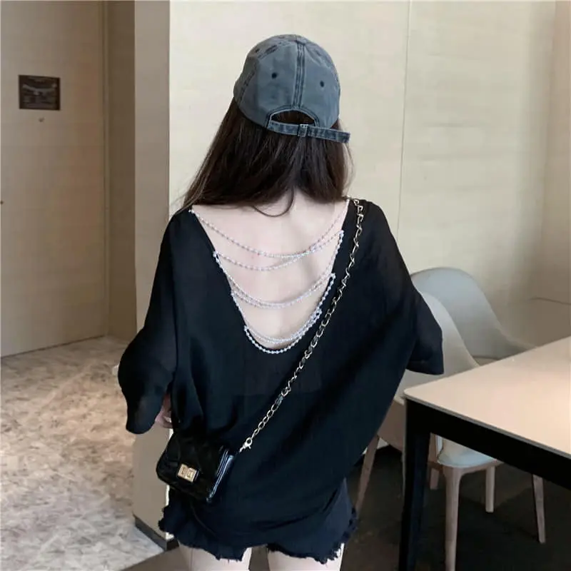 áo phông hở lưng đan dây ngọc  dễ thương