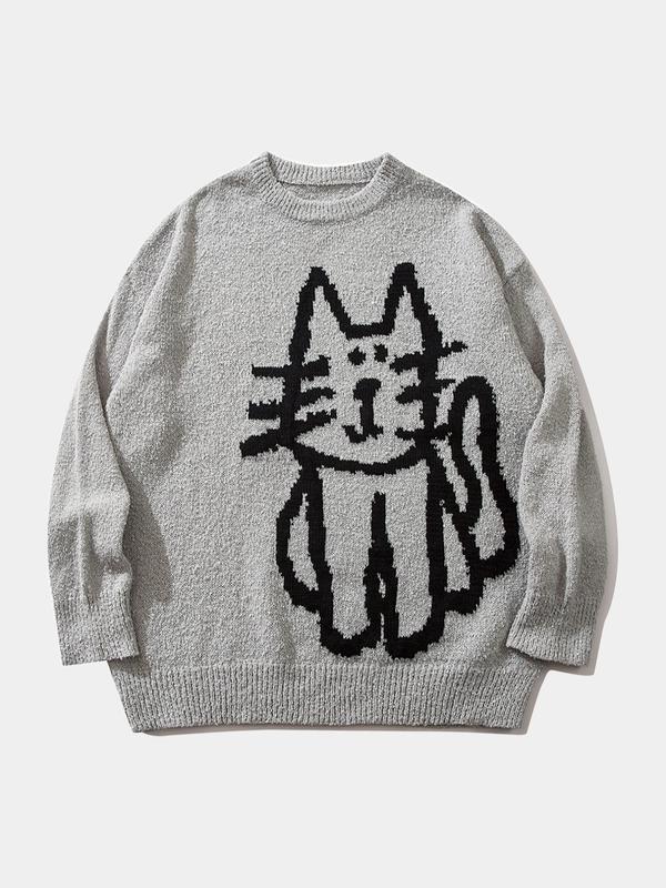Men's Cartoon Cat Print Drop Shoulder Sweater, Loose Casual Long Sleeve Round Neck Jumper for Fall & Winter, Knitting Tops, Sweater for Women, Valentine's Day Gift for Men, Men's Knitwear for Daily Wear, Weekend Sweater 8