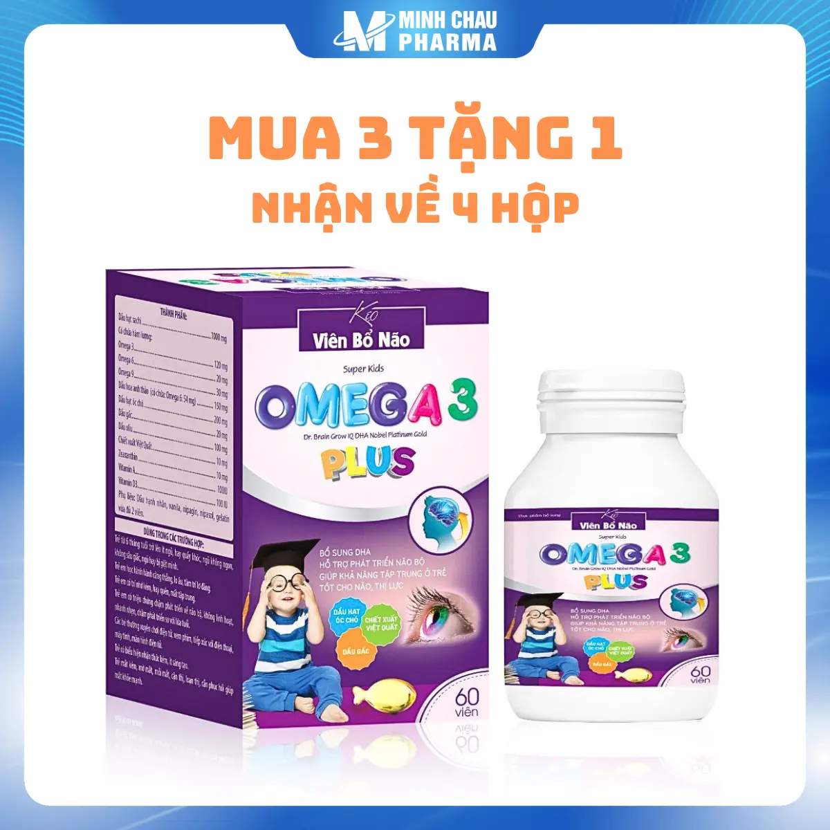{Độc quyền MUA 3 TẶNG 1 nhận về 4} TPBVSK Viên Bổ Não Omega 3 Plus Super Kids hộp 60 viên - giúp bổ sung Omega, DHA, EPA cho sự phát triển của não bộ