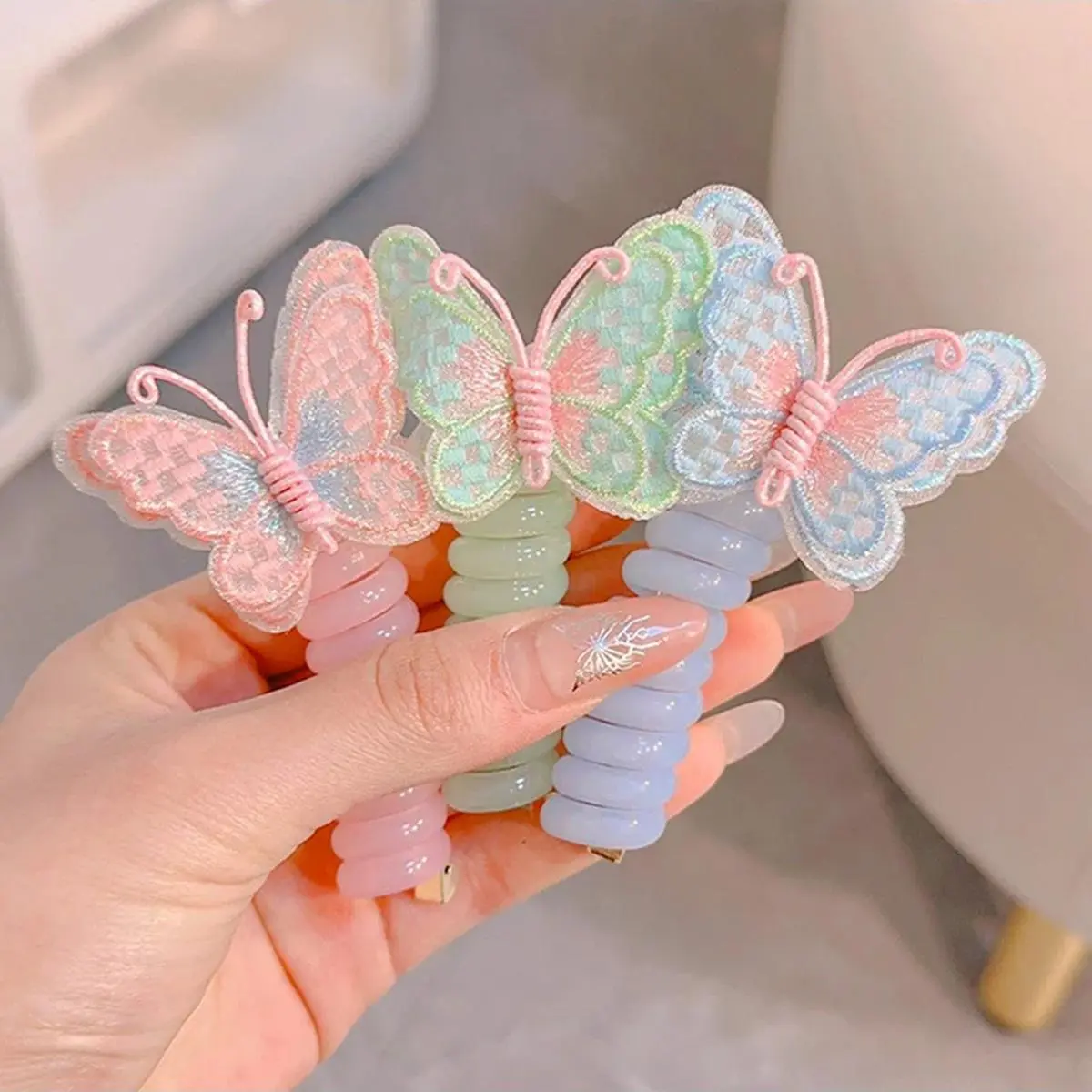 Dây Buộc Tóc Xoắn Ốc Co Giãn Thêu Hình Bướm, Dây Buộc Tóc Đuôi Ngựa Scrunchies, Dây Cao Su, cài tóc, Dành Cho Trẻ Em, 1 Chiếc, Thiết Kế Đáng Yêu, Hàng Mới Về