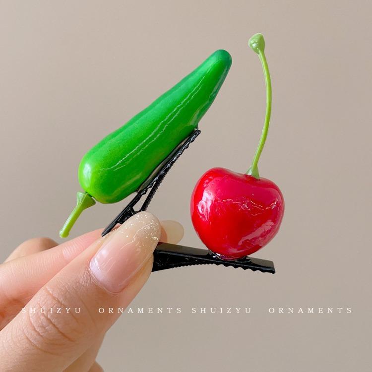 Kẹp Tóc Dâu Tây Trái Cây, Thiết Kế Vui Nhộn Sáng Tạo, Dành Cho Nữ, Kẹp Viền Trán Bên, cài tóc, Kẹp Mỏ Vịt, Kẹp Tóc Gãy, [DBS] Women Voan kẹp  tóc 3
