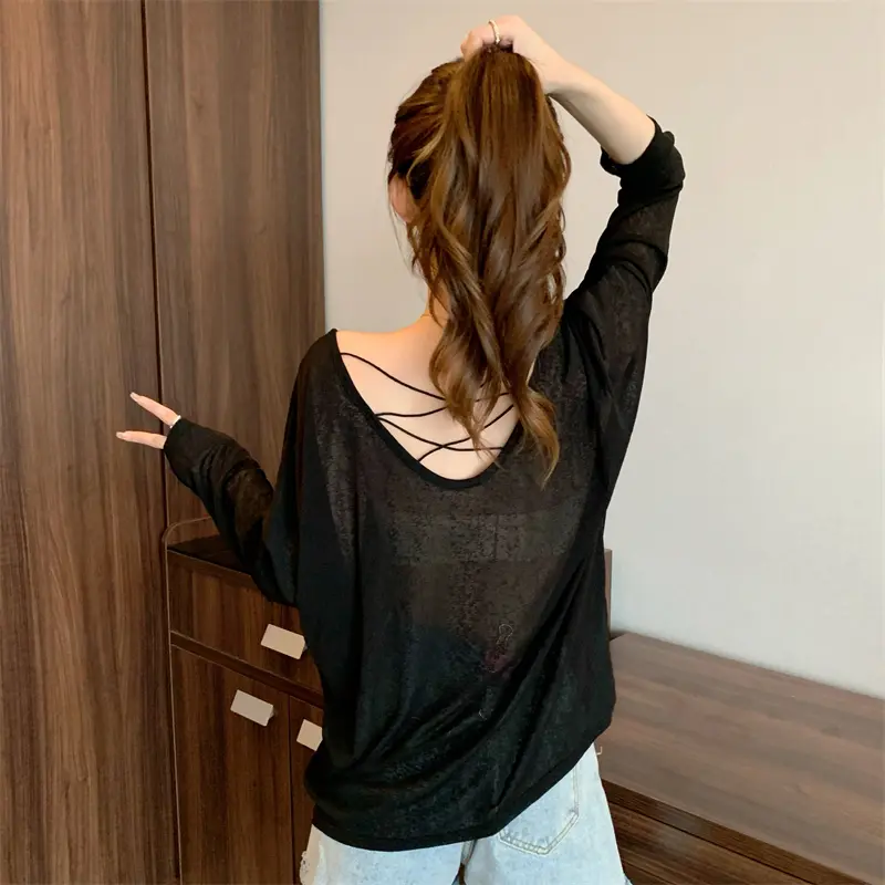 Áo Cánh Máy Cẩn Thận Hở Lưng Mỏng, Áo Cánh Joker Dáng Rộng Màu Trơn Gợi Cảm, Áo Chống Nắng Gió Lười Dài Tay, Thủy Triều Nữ 5