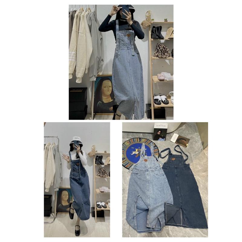  Váy Yếm Jeans Nữ Dáng Dài Mác Ngực Xẻ Tà Túi Trước 2 Màu FullSize Siêu Xinh 