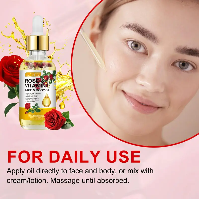 Rose Vitamin E Oil, Moisturizing Body Oil, Hydrating Body Massage Oil, Body Care Oil for Women & Men, Skin Care Product for Daily Use 5