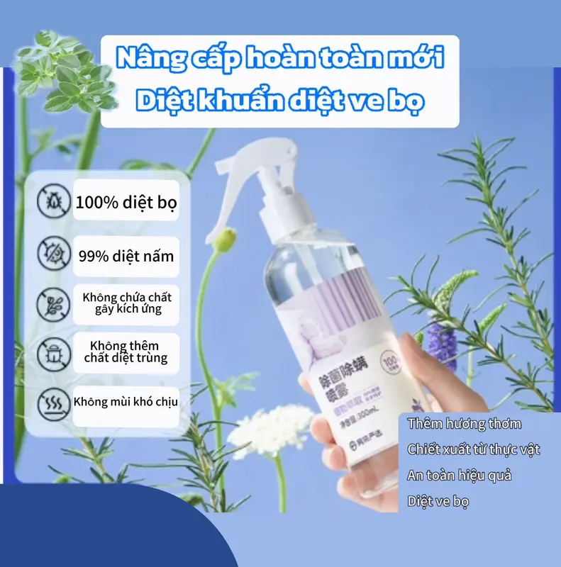 Xịt diệt mạt bụi, hương nước hoa chiết xuất từ thiên nhiên, khắc tinh của mạt bụi trên nệm giường quần áo 300ML nước giặt xịt  mốc bột  chua 6