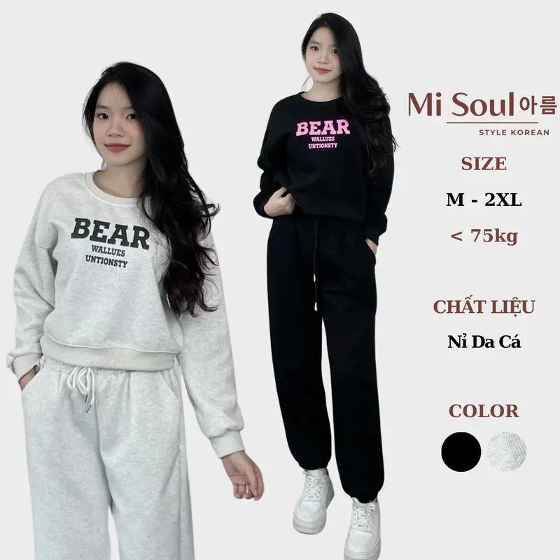 Set Nỉ BEAR In Chữ Ngực Kèm Quần Chun Dây Rút Bo Gấu BigSize MiSoul, Bộ Áo Gấu Form Thụng 357 Nữ Kem 0