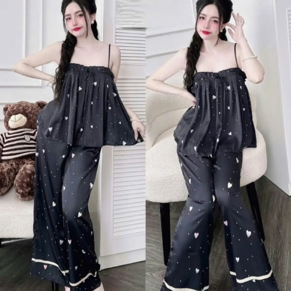 Đồ bộ nữ,bộ đồ áo hai dây,quần dài phong cách mặc nhà sang chảnh với chất liệu Latin nhẹ, mát, thoải mái. Áo sau lưng có chun co giãn. Phom 40-60kg Women Quần Ngủ Nhung Voi Kem Áo Ngủ