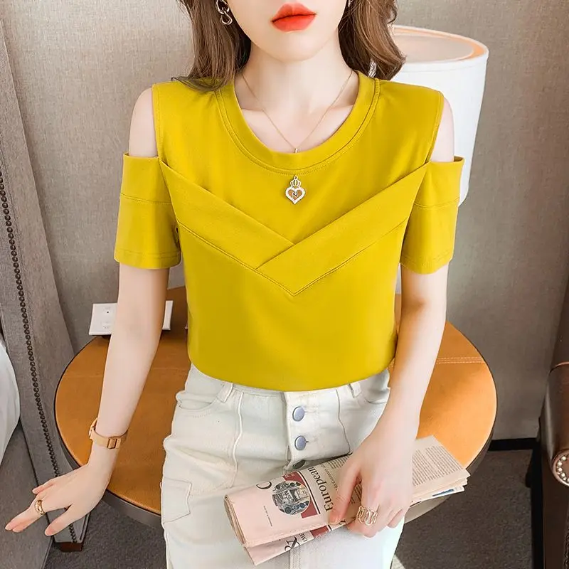 Áo Ngắn Tay Trễ Vai, Thời Trang Và Sang Trọng Mới Mùa Hè, Dành Cho Nữ, Phong Cách Độc Đáo Cổ Tròn, Áo Phông Tay Lỡ Sơ Mi Top Women Shirt