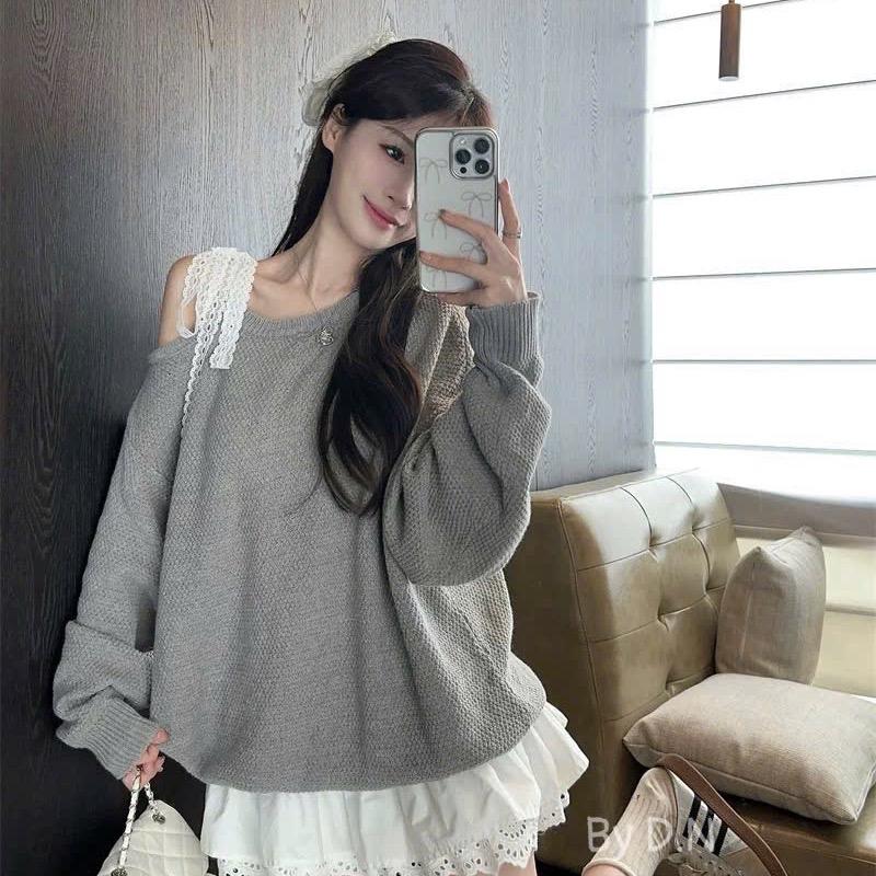 [Tặng kèm Quần] Váy Nỉ Xốp Lệch Vai Phối Thô Ren Bèo Tầng Kimi Dress Women - Xám