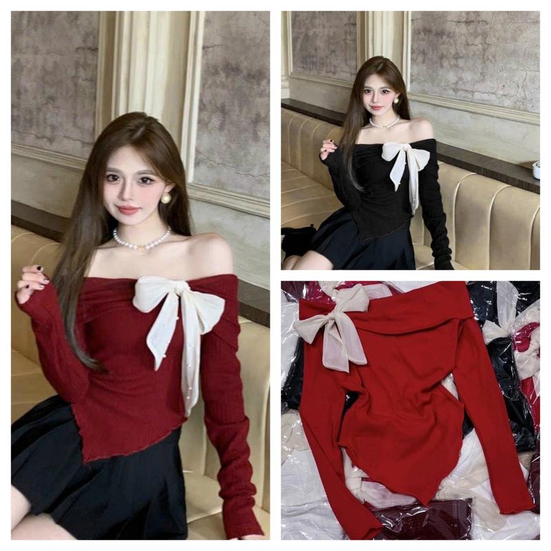Ngọc Bích Bigsize Áo thun tăm trễ vai tay dài đính nơ ngọc ms 109 nữ women Voi Top 0
