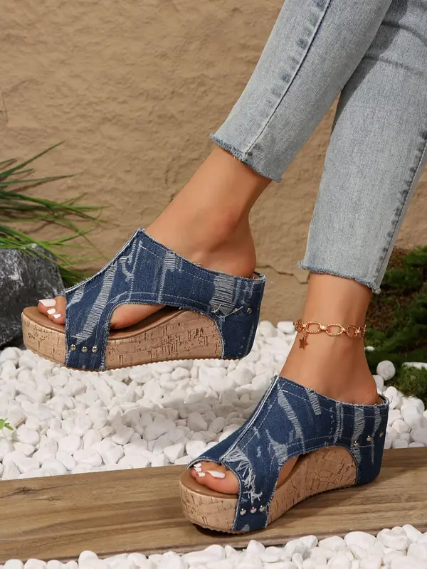 Women's Fashionable Denim Design Platform Sandals, Casual Comfortable Wedge Sandals for Beach, Fashion Shoes for Party, Daily Clothing Decor, Footwear 0
