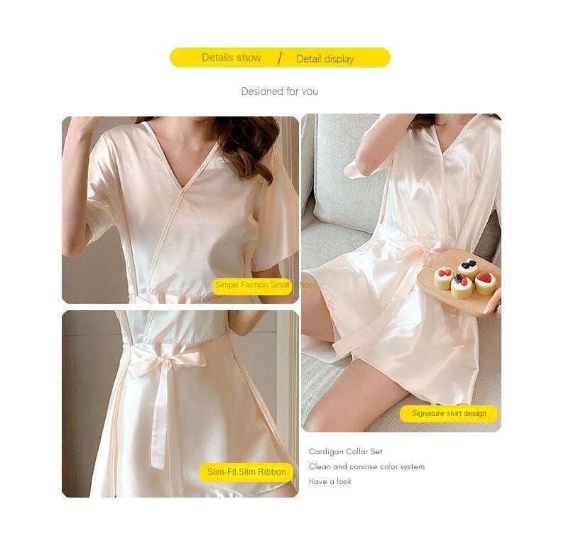 Product Introduction of Pajama women's summer short sleeved two-piece set, ice silk sweet Japanese style can be worn outside, spring and autumn home clothes, summer imitation silk Nightwear Womenswear Lingerie Loungewear Homewear Pjs Basic Minimalist 11