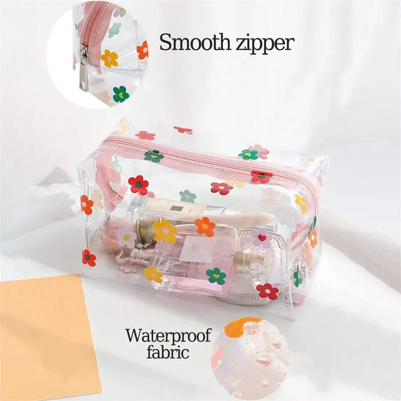 Flower Pattern Clear Makeup Bag, Portable Cosmetic Storage Bag, Zipper Makeup Organizer Pouch, Versatile Storage Bag for Skincare, Lotion, Cream, Lip Balm, Eyeliners, Stationery, Makeup Holder 4