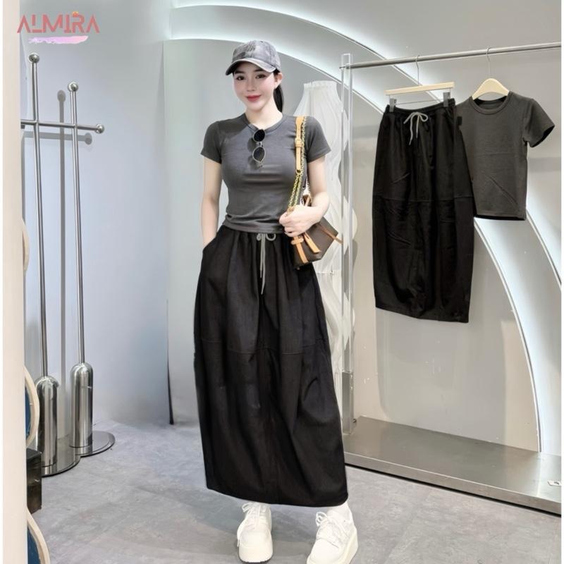 Sét Váy Sang Chảnh Gồm Áo Babytee Thun Tăm Màu Xám + Chân Váy Dáng Chum Phồng Dài Màu Đen