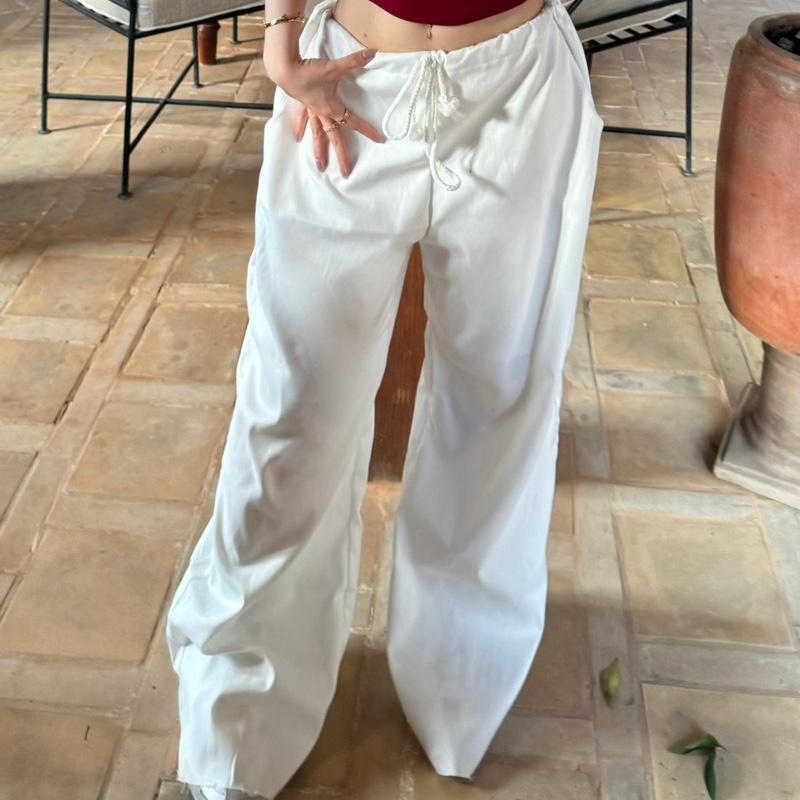 Quần cotton dài ống rộng dây rút