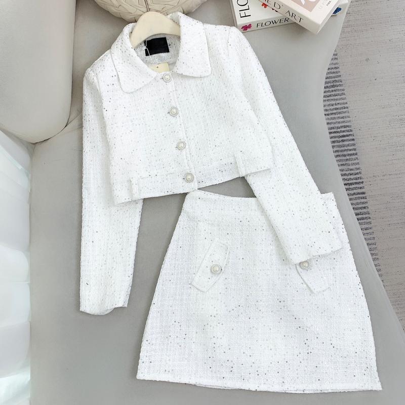  Set dạ trắng cổ bẻ phối kim tuyến siêu xinh Tay dài Trơn Nữ Áo Voi Women 