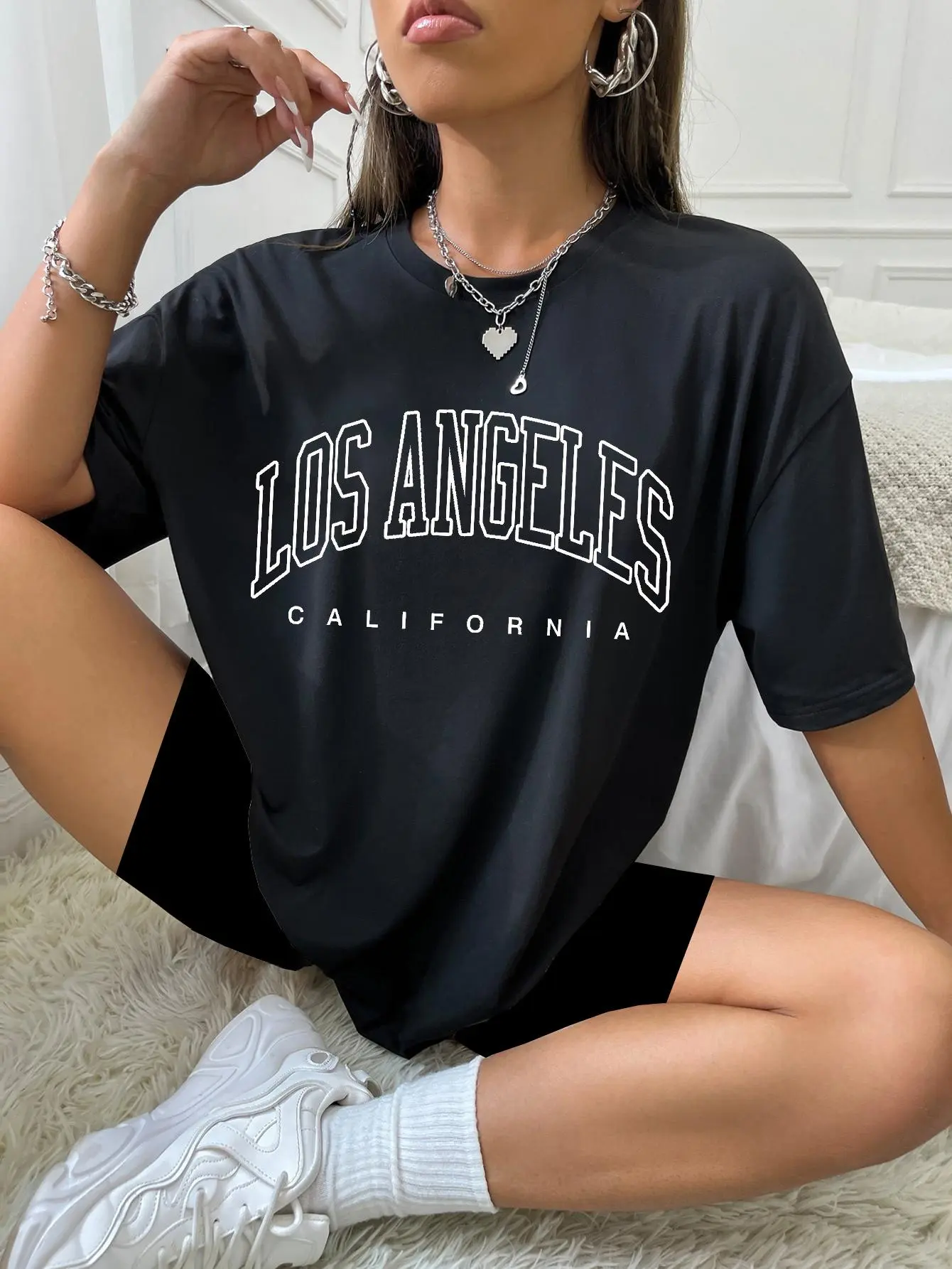 Women's Letter Print Round Neck Drop Shoulder Tee, Summer Clothes Women, Short Sleeve Oversized Graphic T-shirt, 2024 Trendy Printed Tops for Summer