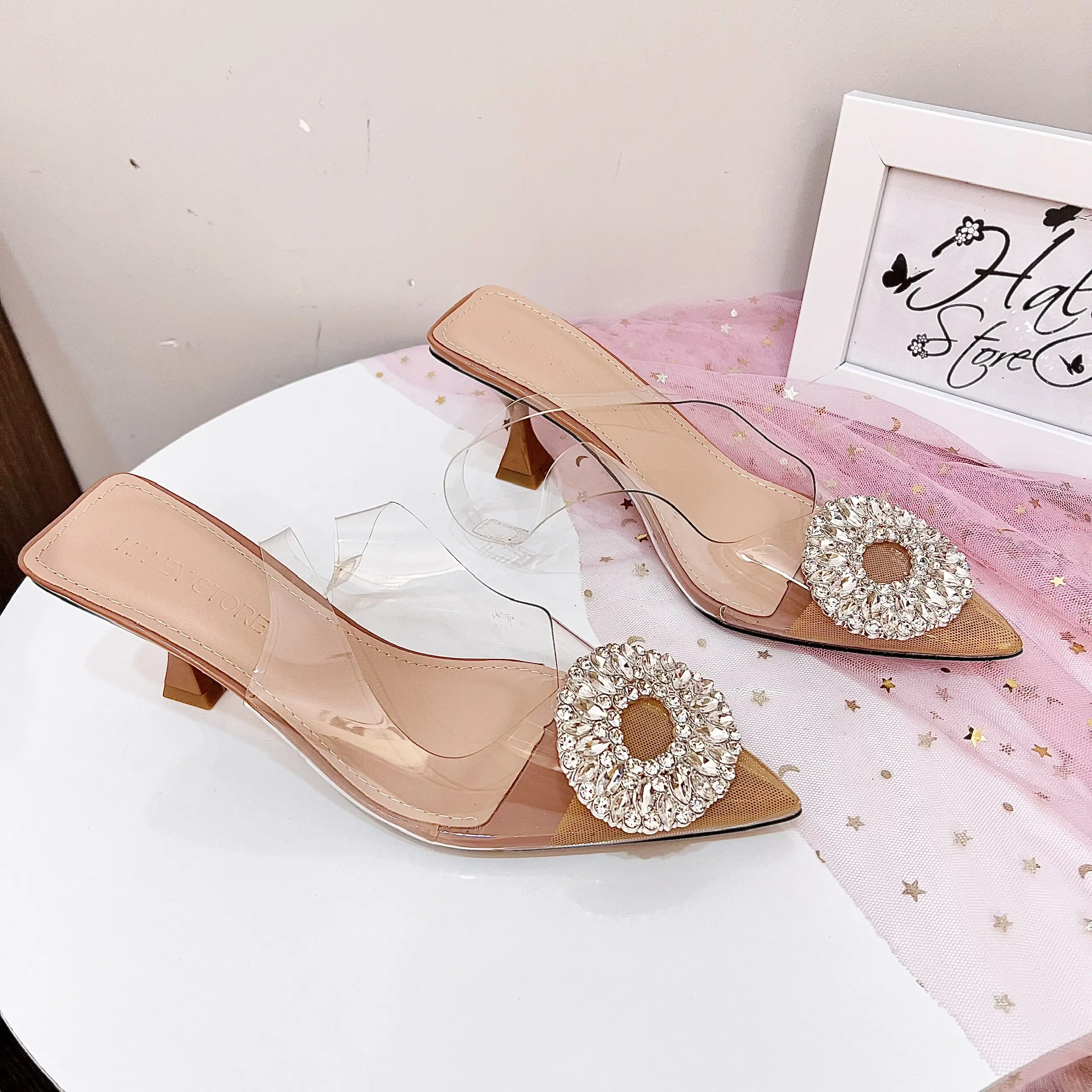 Giày cao gót max đá tròn 7p/9p HALEY STORE quai đính đá xoàn phale mũi nhọn quai kéo đi chơi đi tiệc đi làm đám cưới êm chân