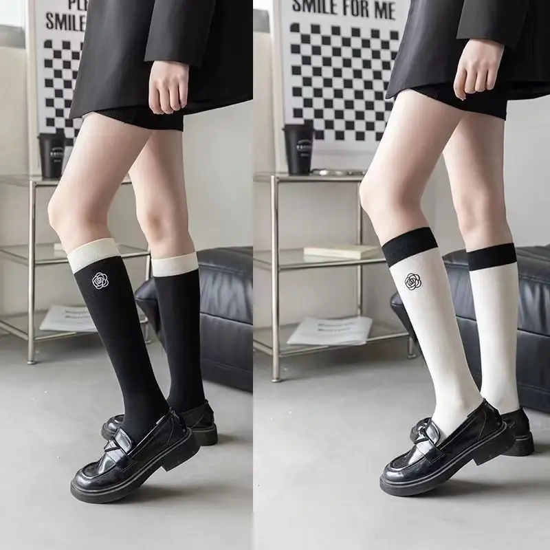 Camellia Embroidery Calf Socks for Women 2024 New Thigh High JK Long Socks Japanese Socks Combed Cotton Micro Compression Slim Long Socks
