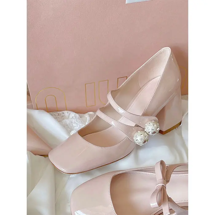 Giày Giày Cao gót Mary Jane Cho Nữ, Giày Phong Cách Pháp Mới, Mũi Vuông, Đính Đá, Ngọc Trai, Chunky, Gót Bơm Shoes