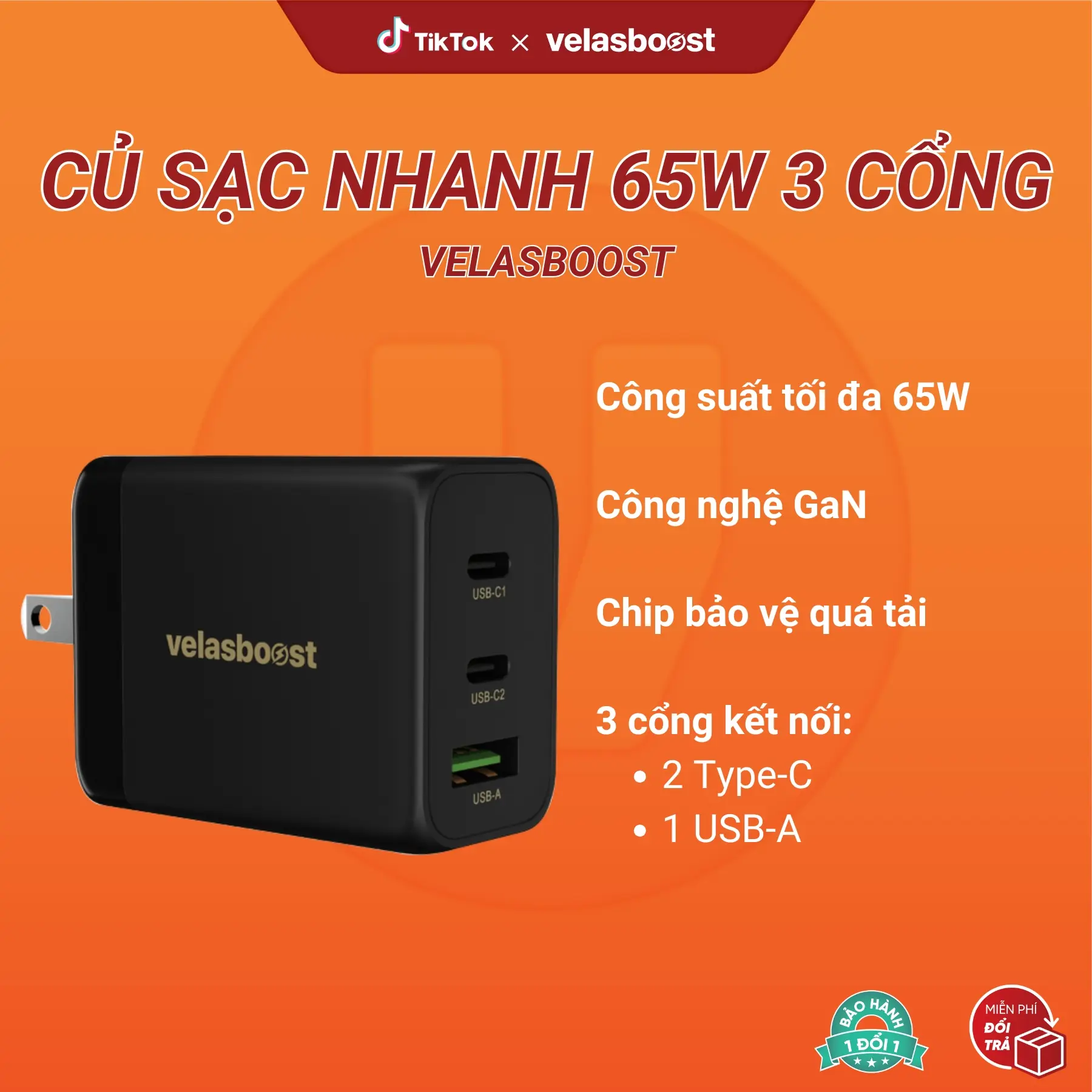 Củ sạc nhanh 65W 3 cổng velasboost, Sạc chuẩn PQ, QC, Thiết kế nhỏ gọn, Bảo hành lỗi bảo hành 1 đổi 1 - Phụ kiện điện thoại