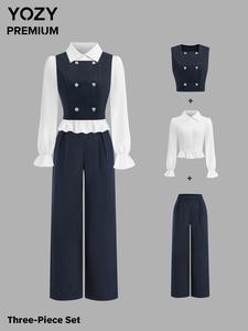YOZY Women's Solid Double Button Vest & Flounce Sleeve Shirt & Pants Three-Piece Set, Elegant Fashion Casual Three-piece Outfits for Daily Outdoor Wear, Women Clothing for Spring