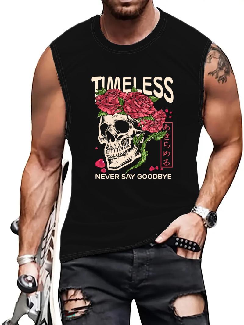 Product Introduction of Men's Plus Size Floral & Skull Print Round Neck Tank Top, Regular Fit Casual Sleeveless Top for Summer, Men's Plus Size Clothing for Daily Wear 1