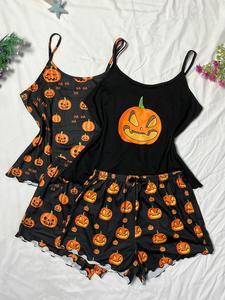 Women's Pumpkin Print Cami Top & Elastic Waist Shorts Pyjama Set, Halloween Themed Casual Comfortable Lettuce Trim Camisole & Bow Front Shorts PJ Set, Ladies Sleepwear for All Seasons