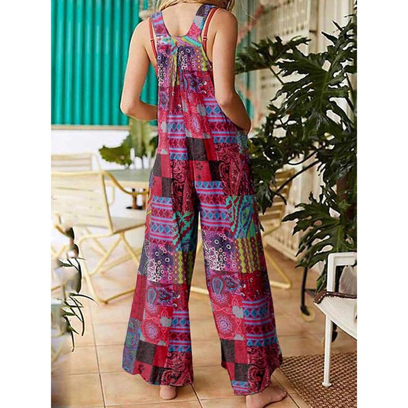 Women Jumpsuits Summer Overalls Multicolor Ethnic Style Square Neck Sleeveless Casual Rompers with Pockets for Girls Playsuit 2