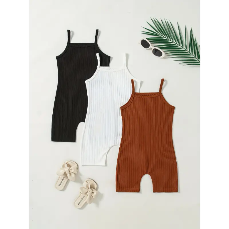 Summer Solid Color 3pcs Ribbed Cami Jumpsuit Set - Perfect for Outdoor Gift 1