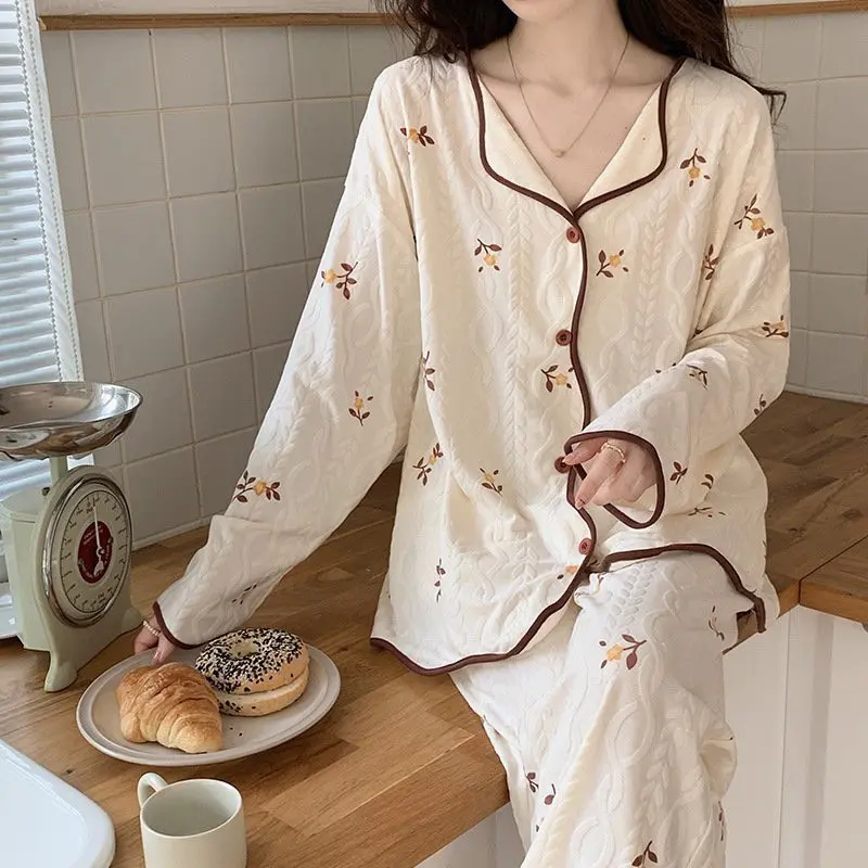 B08 Bộ Đồ Ngủ Nữ Dài Tay Thu Đông Chất Liệu Cotton Dệt Kim nhiều họa tiết Mỏng Mát Áo