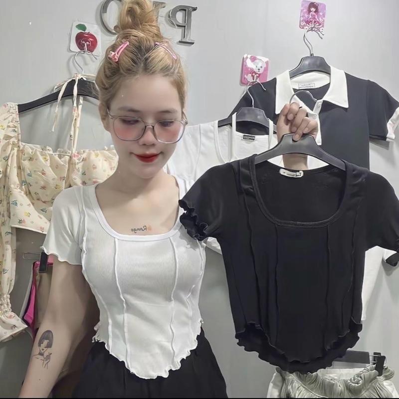 TP02 Áo croptop kiểu  vạt bầu tay ngắn, form ôm chất thun dày dặn co giãn, cuốn biên lạ mắt màu trơn mã tp02a Nữ Women size dưới 53kg