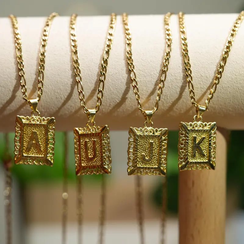 14K Golden Plated Initial Letter Pendant Necklace - A-Z, Unisex Design for Men & Women, Square Alphabet Figaro Chain with Ornate Detailing, Perfect for Casual Attire or Gifting, Jewelry | Polished Finish | Golden Alphabet, Necklace 8
