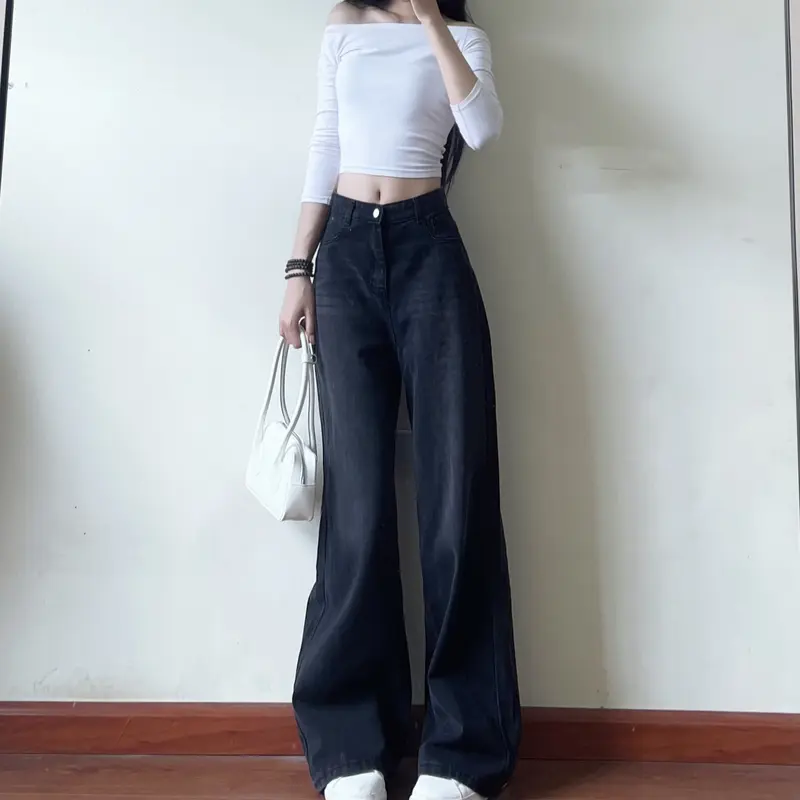 Quần jean ống rộng loe màu retro màu mài đen/trắng Women - Denim Pants 7613/6222 3