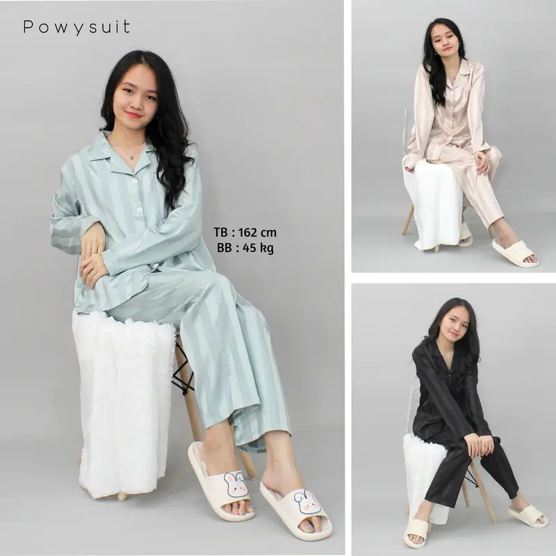 YX Laurencia Piyama Satin Powysuit Baju Tidur Wanita Dewasa Lengan Panjang Celana Panjang lembut kancing 0