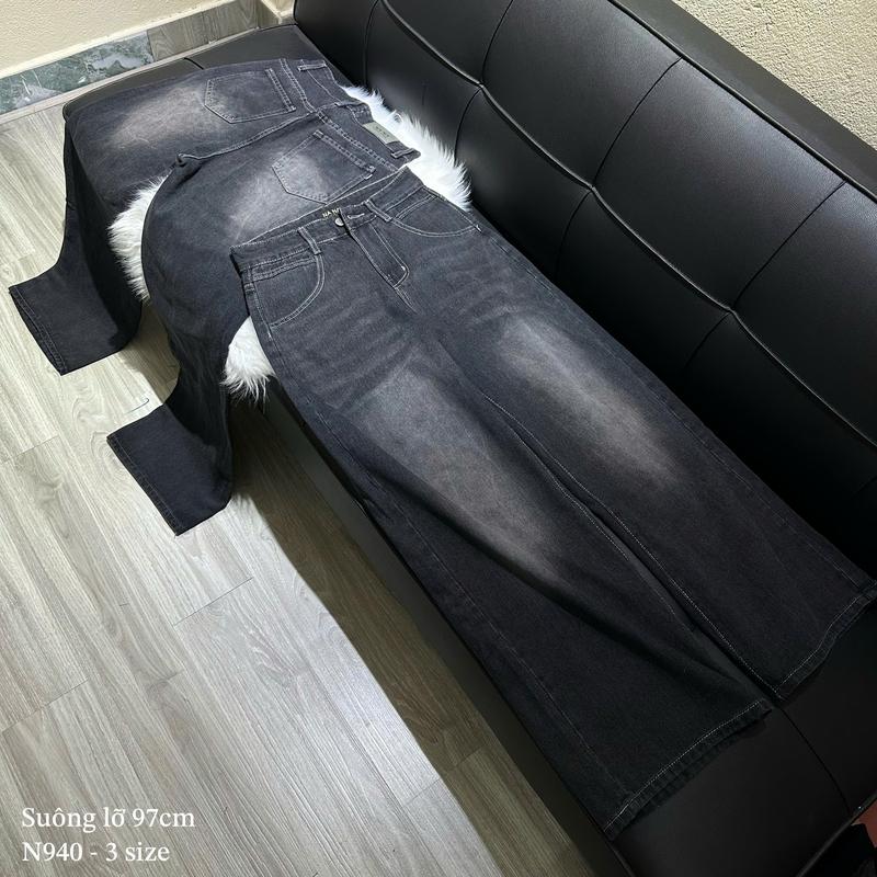 [N940- NaNa Denim Fashion] - Quần Jean Suông không co dãn chất vải QC màu đen wash dài 97cm 0