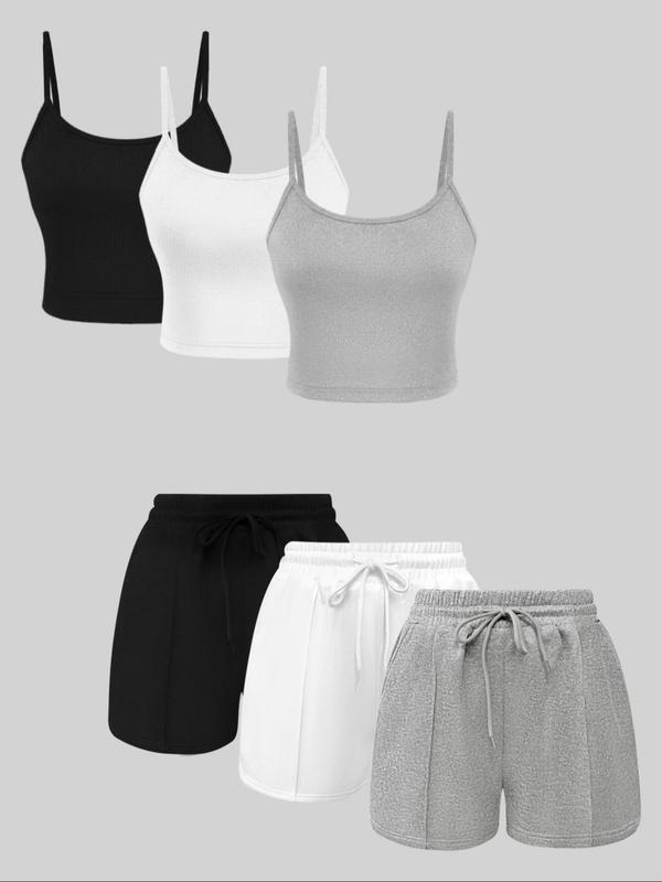 Women's Solid Ribbed Crop Cami Top & Drawstring Waist Shorts Two Piece  Lounge Set, Casual Sleeveless Crop Top & Shorts, Co-ords Set, Cute Sets Outfits Comfy, Summer Sets, Co Ords for Women 0
