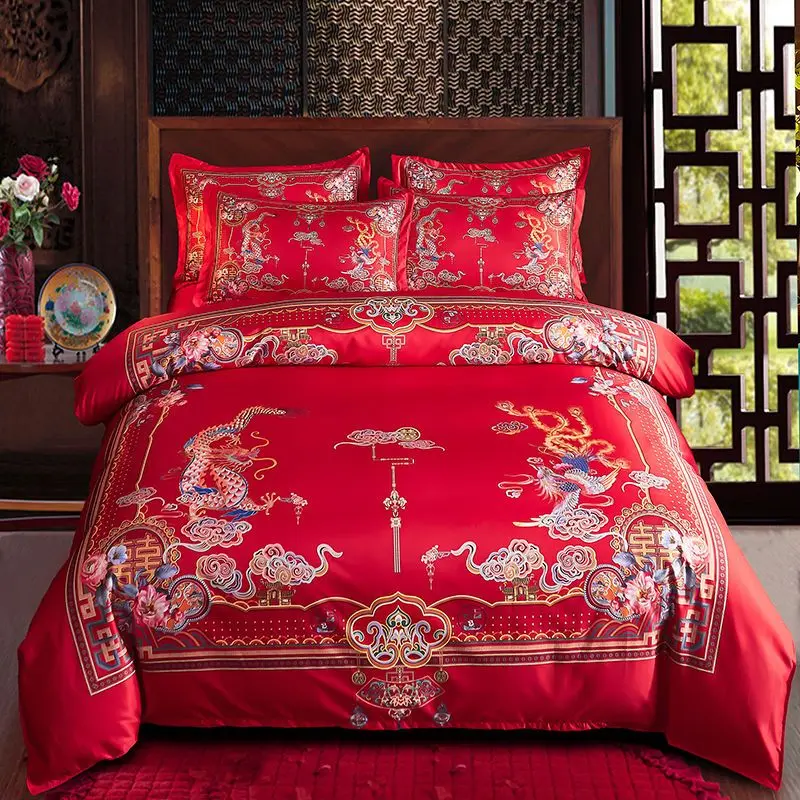 Bộ Bốn Món Đám Cưới, Màu Đỏ Tươi, Ga Trải Giường Dày, Vỏ Chăn, Vỏ Chăn Đôi, Bộ Đồ Giường, Hàng Mới Về, Thích Hợp Làm Quà Cưới 0