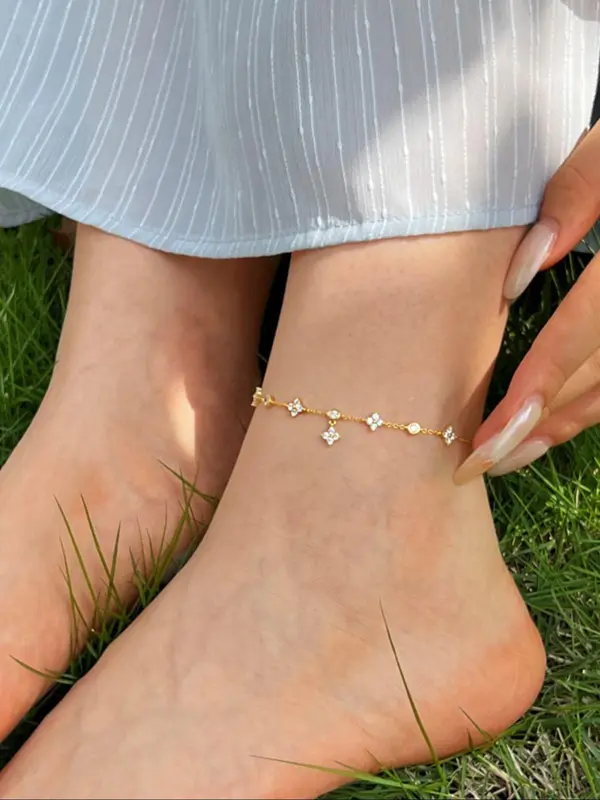 S925 Sterling Silver Anklet, Fashionable Rhinestone Decor Jewelry for Women & Girls, Trendy All-match & Exquisite Jewelry for Birthday Gift 4
