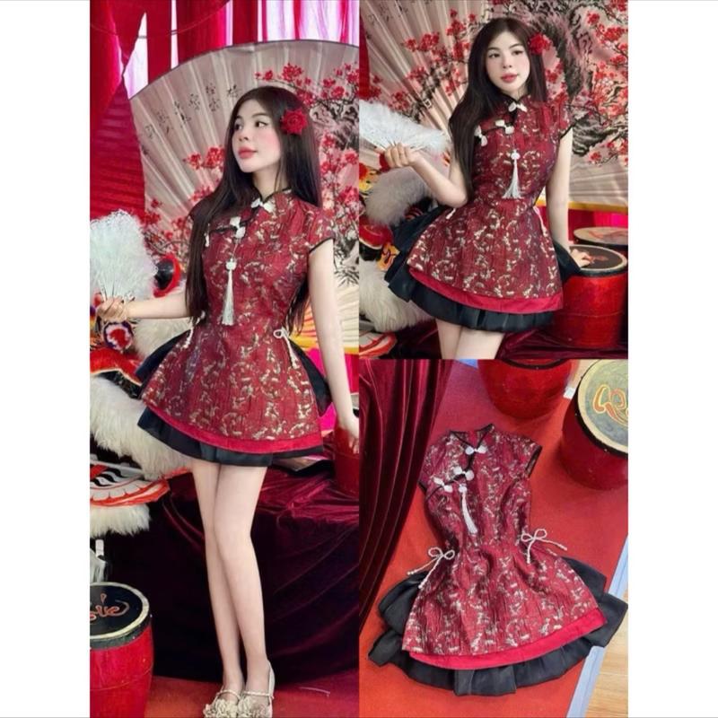 Set Cách Tân Áo Gấm Cổ Tàu Nút Gài Mix Chân Váy Lưới Ngắn Xoè Tết