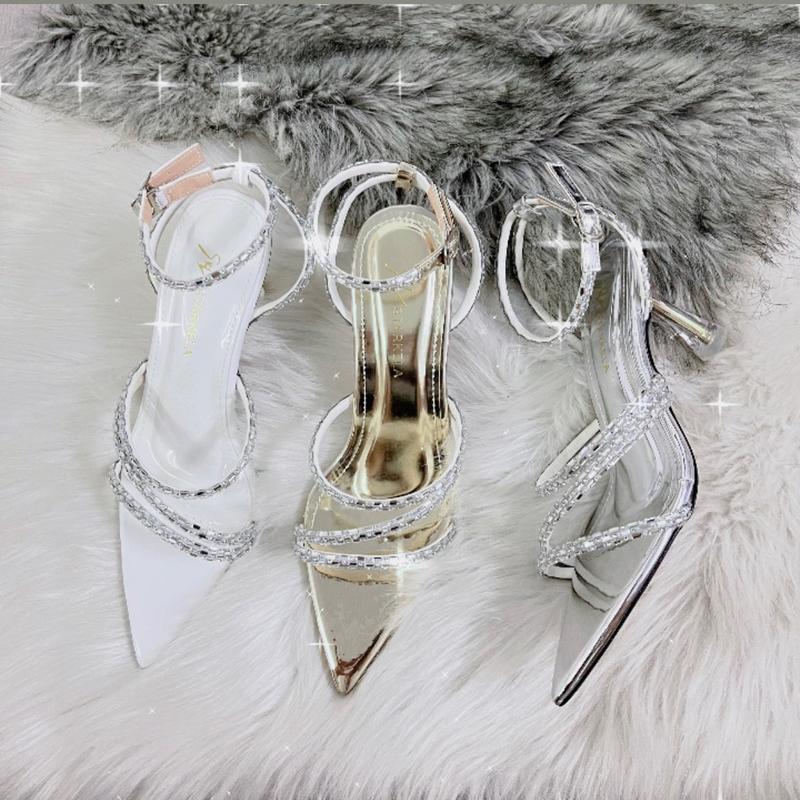 [CÓ HỘP] Sandal cao gót 5-7-9p mũi nhọn quai đính đá 3 dây lấp lánh DéP Nữ