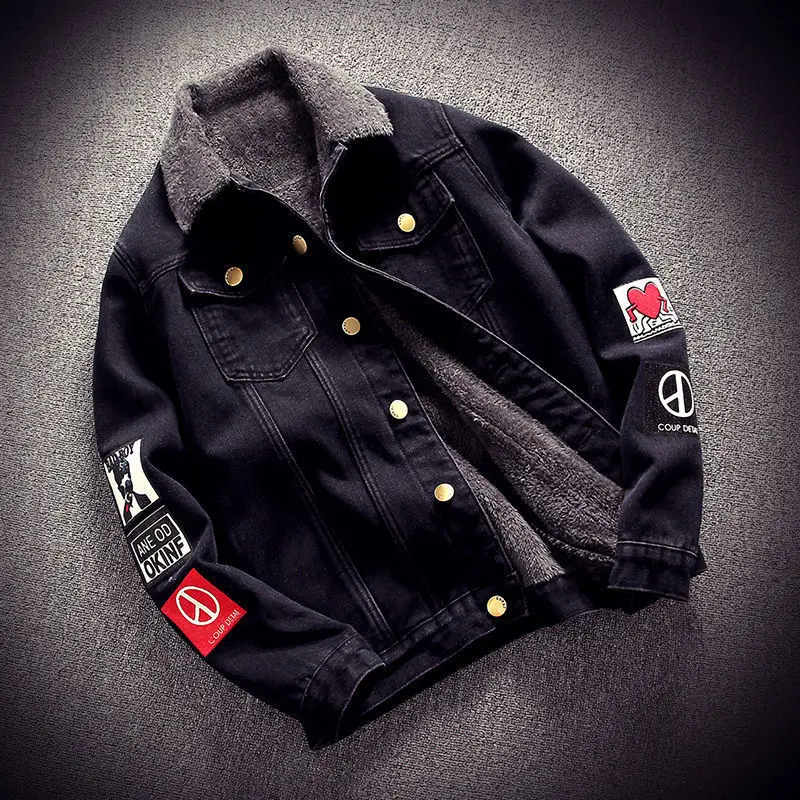 Áo Khoác Denim, Phong Cách Thường Ngày Mùa Đông, Lót Lông Cừu, Áo Khoác Nam Đẹp Trai, Thích Hợp Cho Mùa Xuân Và Mùa Thu, Phong Cách Hàn Quốc, Dễ Phối Đồ, Thích Hợp Cho Học Sinh, Dáng Rộng Vừa Vặn, Quần Áo Nam