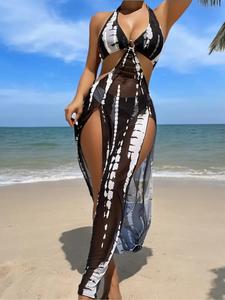Conjunto de dos piezas Conjunto de bikini con cuello halter y estampado de patchwork para mujer, sujetador de baño sin espalda con lazo en la espalda y braga de baño de corte alto, traje de baño para mujer para vacaciones en la playa